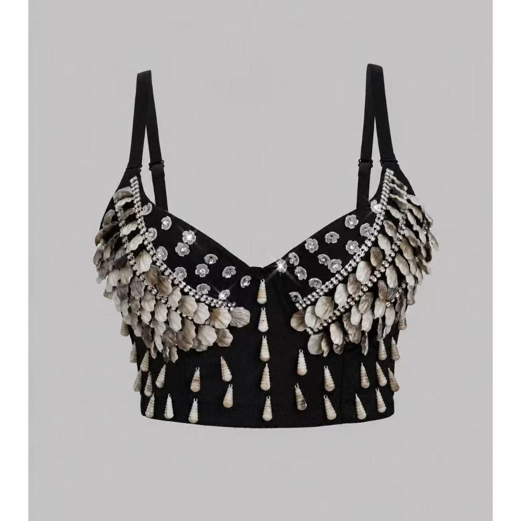 Top Cropped Feminino com Aplicações de Conchas e Detalhes Artesanais BL52