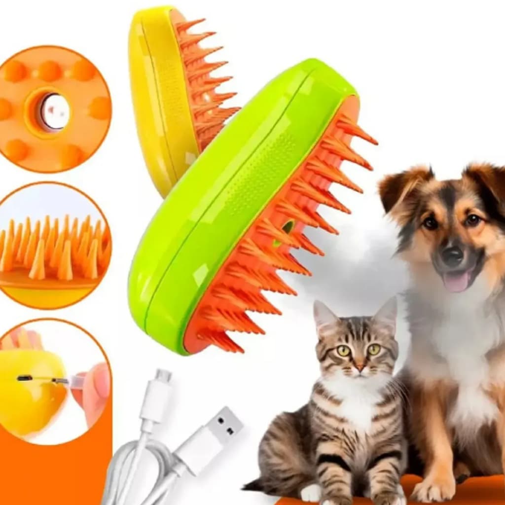 Escova Massageador a Vapor Tira Pelos Hidrata Refresca e Estimula Circulação Recarregável Pente Pet