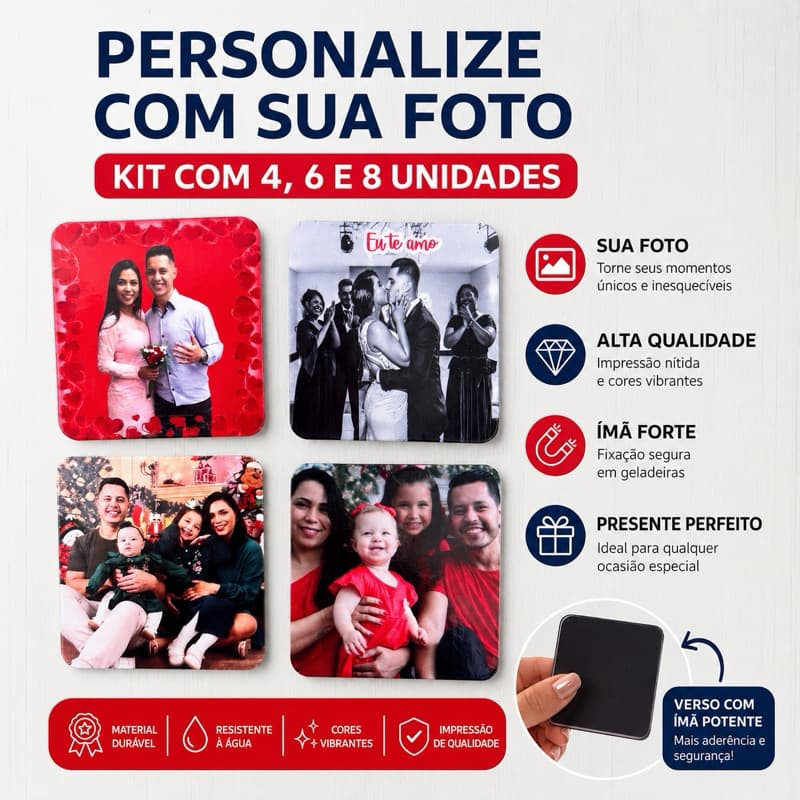 Imã de Geladeira Personalizado Kit 4,6,8 unidades - 5x5 com Foto | Presente Dia dos Namorados
