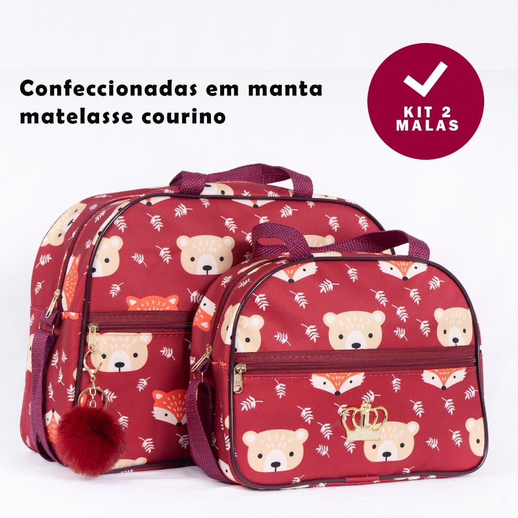 Kit Bolsa Maternidade Menino/Menina Mala de Mamãe Bebe Raposa e Urso Acompanha 2 peças C/ POMPOM