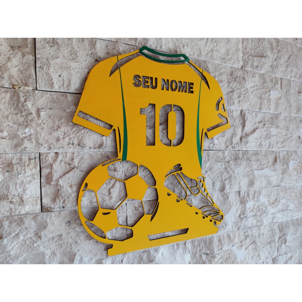 Quadro decorativo mdf vazado camisa chuteira bola time com nome personalizado
