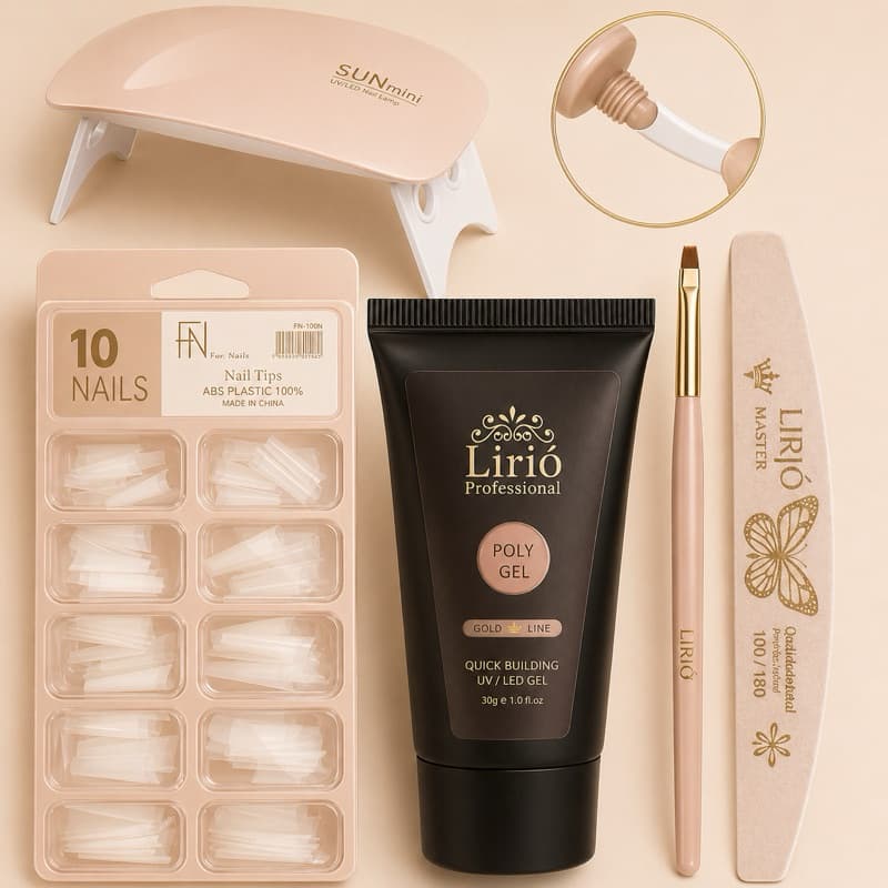 Kit Polygel Poligel Tips Lixa Curva Pincel Profissional Alongamento Unha Rápido e Prático, com mini cabine