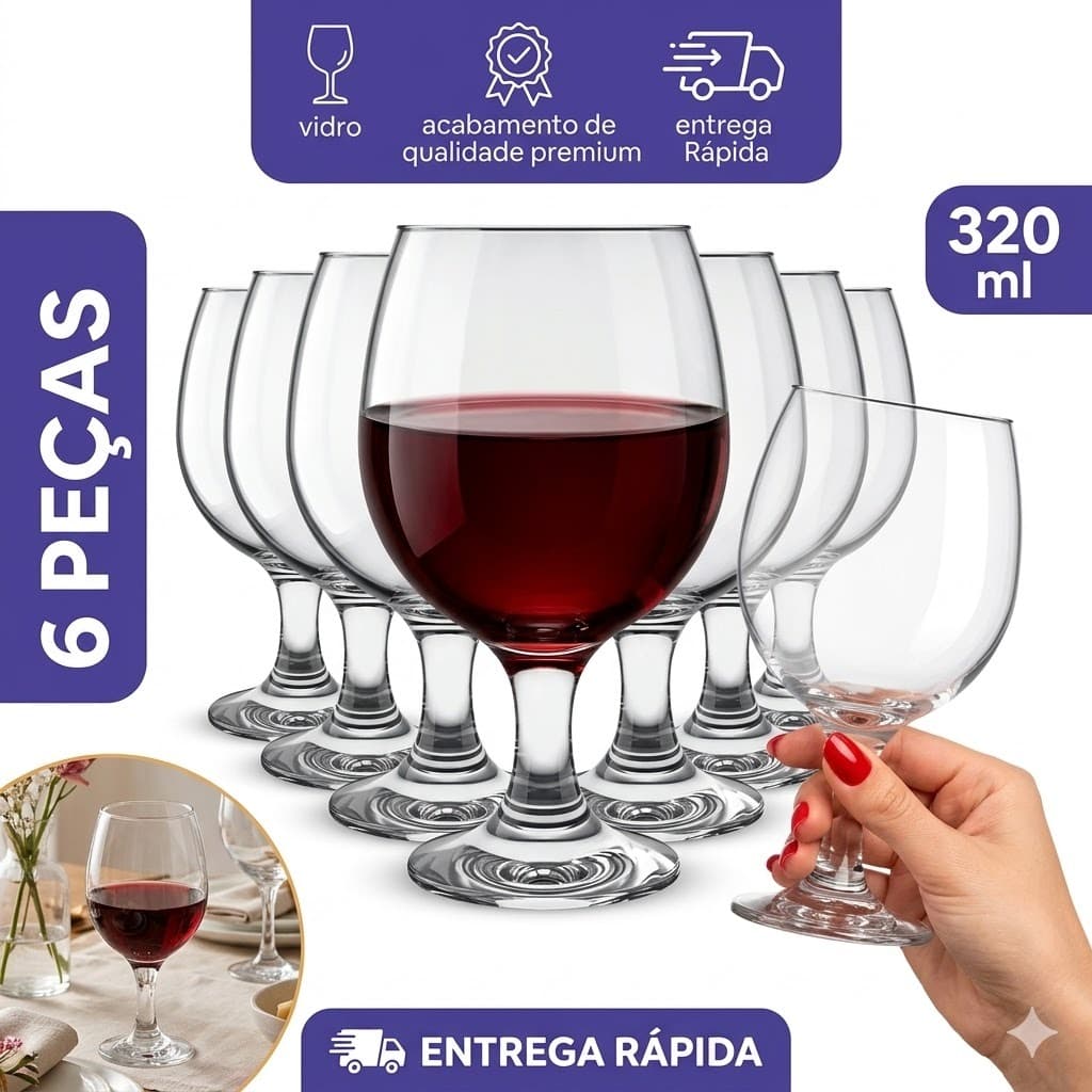 kit Jogo de 6 Taças Vidro para Vinho Gallant Nadir 320ml Copo Vidro Transparente Pronta Entrega