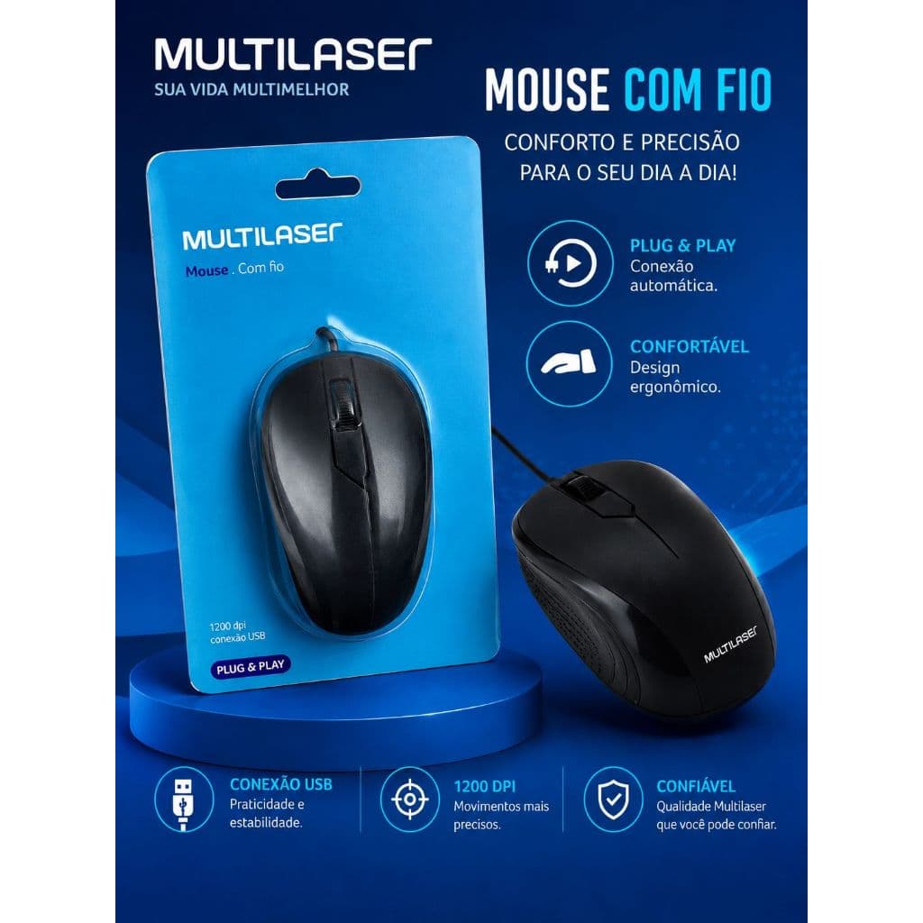 Mouse Óptico Multilaser -  Usb 1200dpi / 03 Botões / Cor: Preto