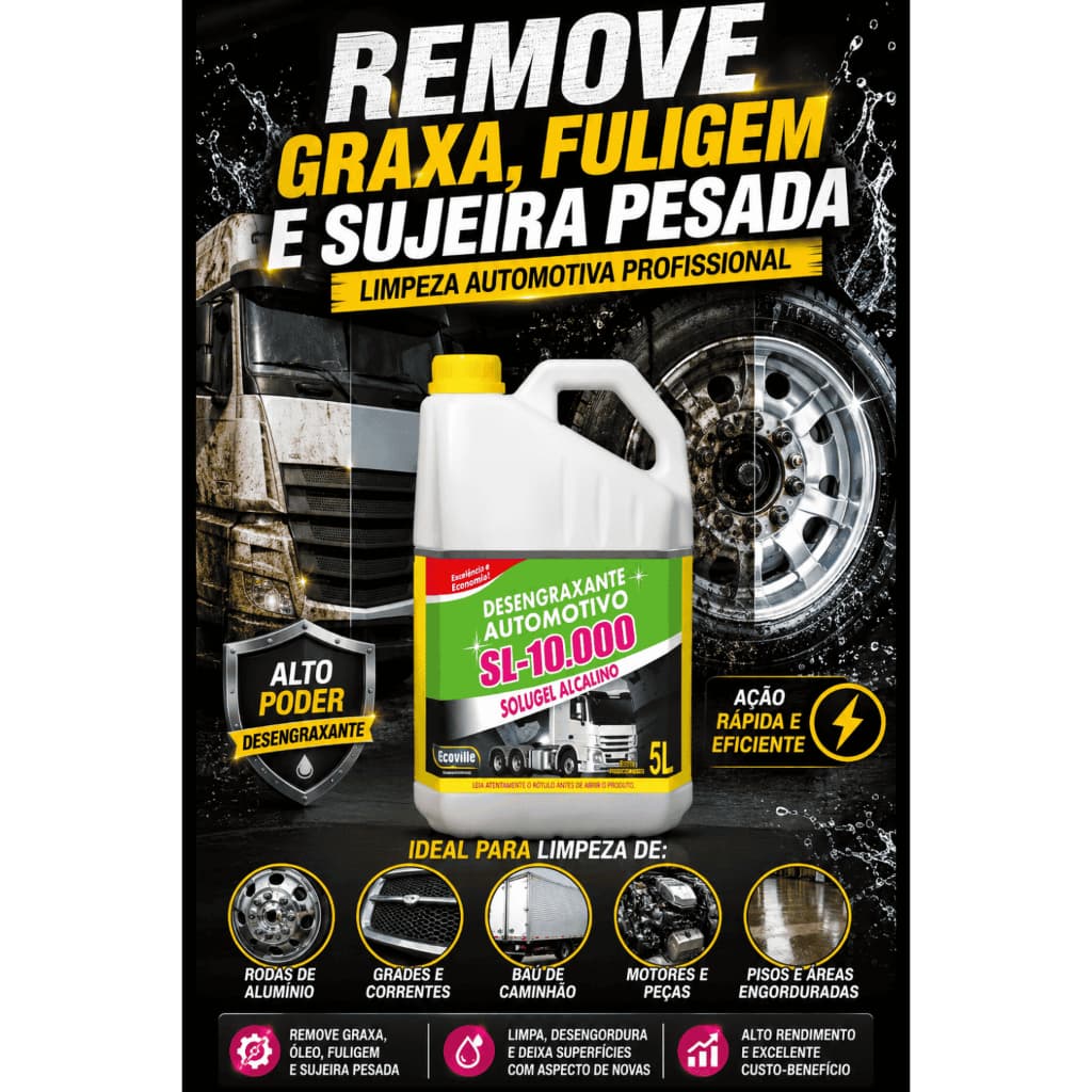 Solugel Alcalino SL 10.000 Ecoville 5L Desengraxante Automotivo Limpeza Pesada de Alumínio e Rodas