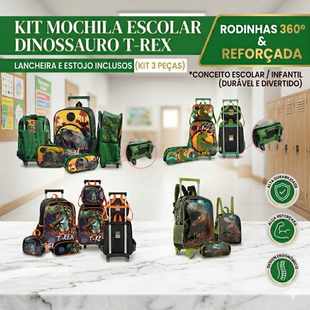 Kit Mochila De Rodinha Infantil Dinossauro T-Rex Lancheira Estojo Escolar Menino Reforçada Kit 3 Pçs