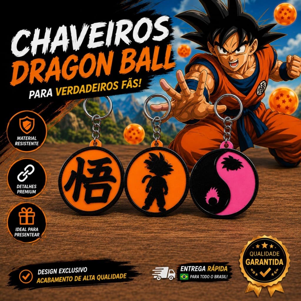 Kit 3 chaveiros Dragon Ball Goku anime acessorio mochila estojo