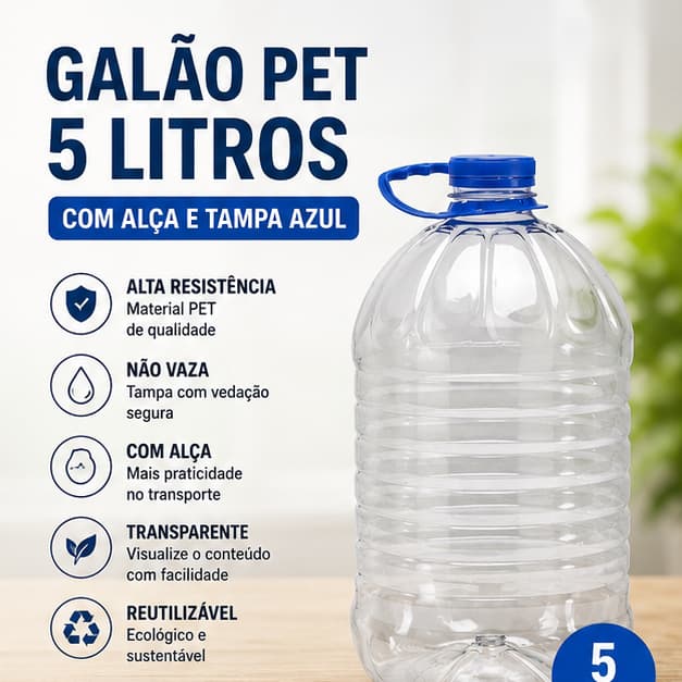 Galão PET 5 Litros Com Alça E Tampa Azul Transparente Para Água Suco E Líquidos
