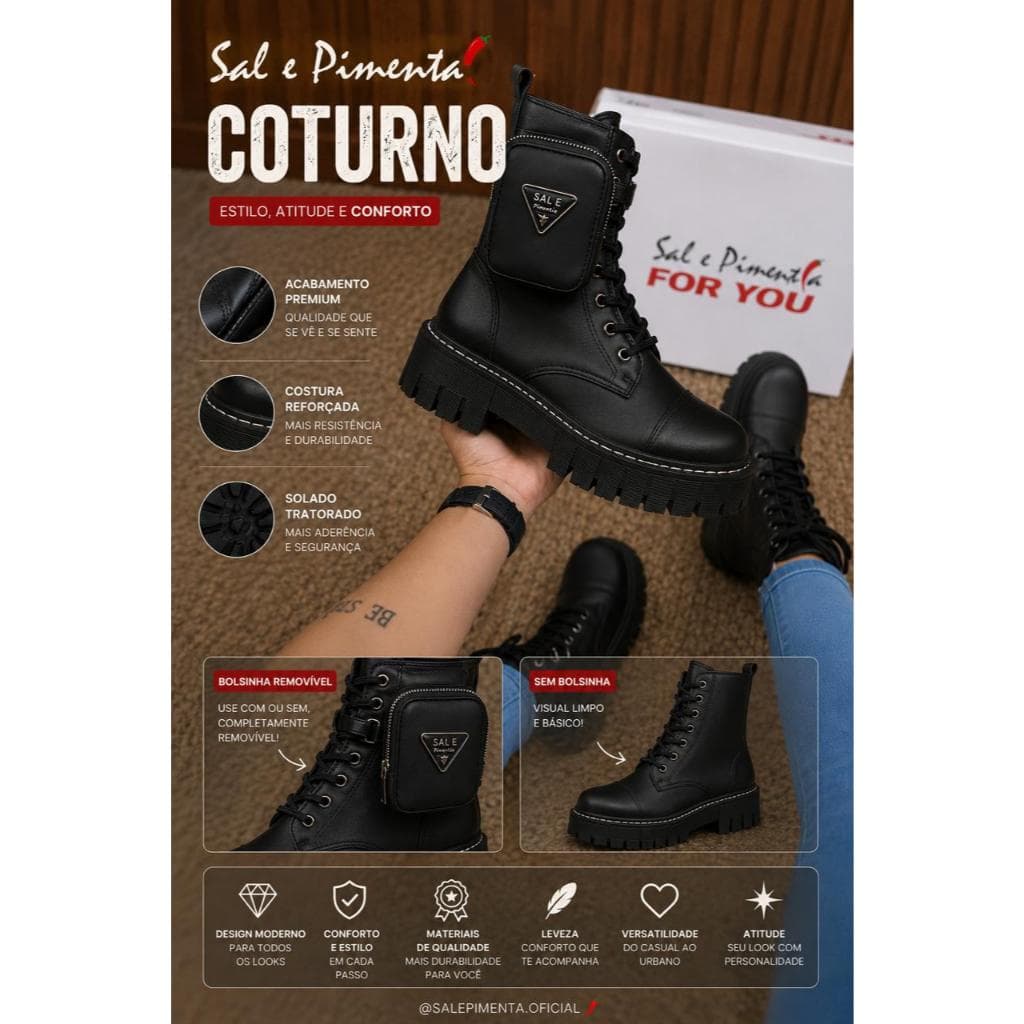 Bota Coturno Feminino Sal e Pimenta Plataforma Bolsinha