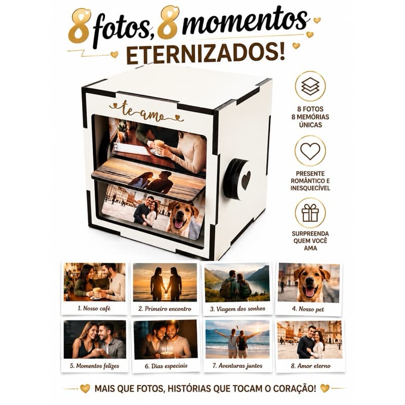 Porta Lembranças Giratório com 8 Fotos Personalizadas | Presente Criativo para Casal 💖 Dia dos Namorados