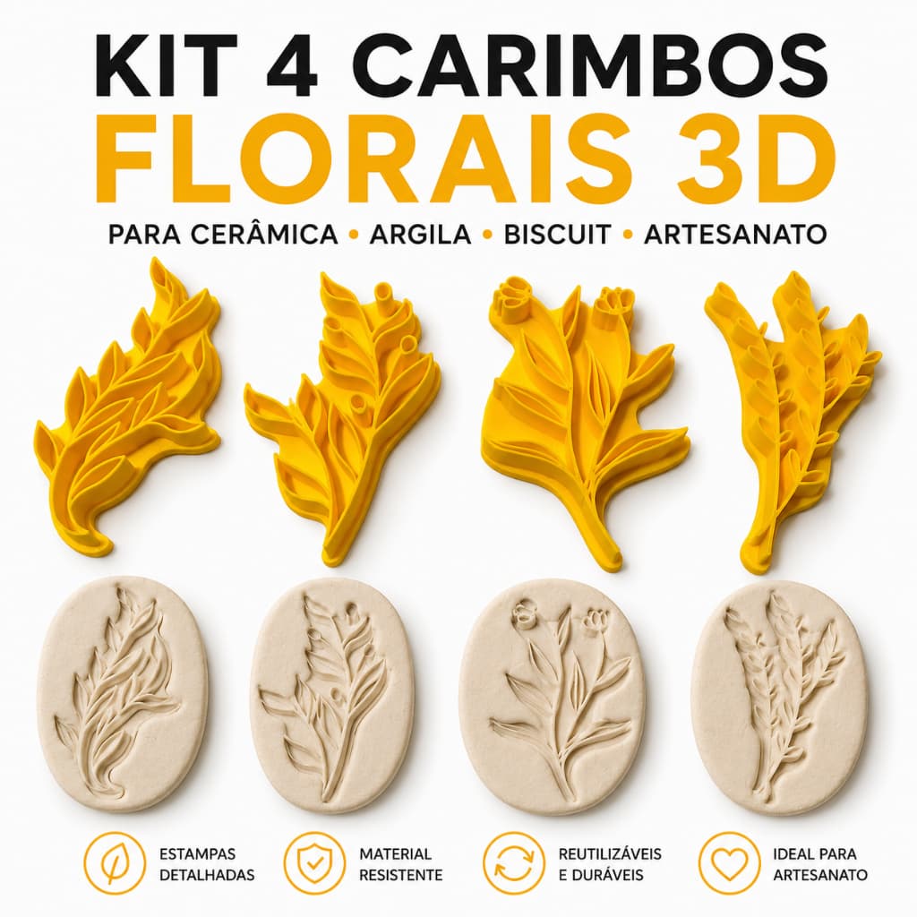 Kit 4 Carimbos Florais 3D para Argila e Biscuit | Textura Cerâmica Artesanato | Moldes Folhas Decorativas