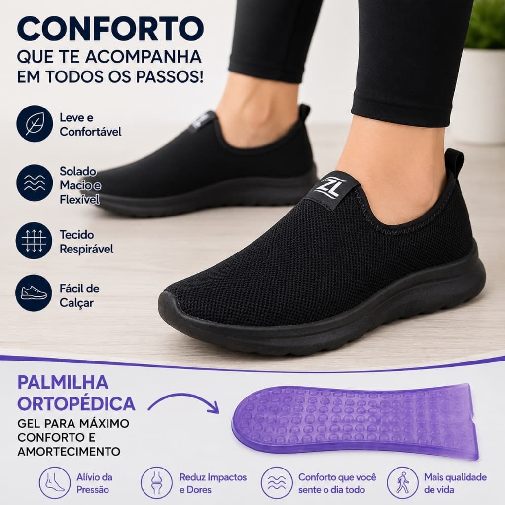 Tênis Sapatilha Ortopédica Calce Fácil Palmilha de Gel