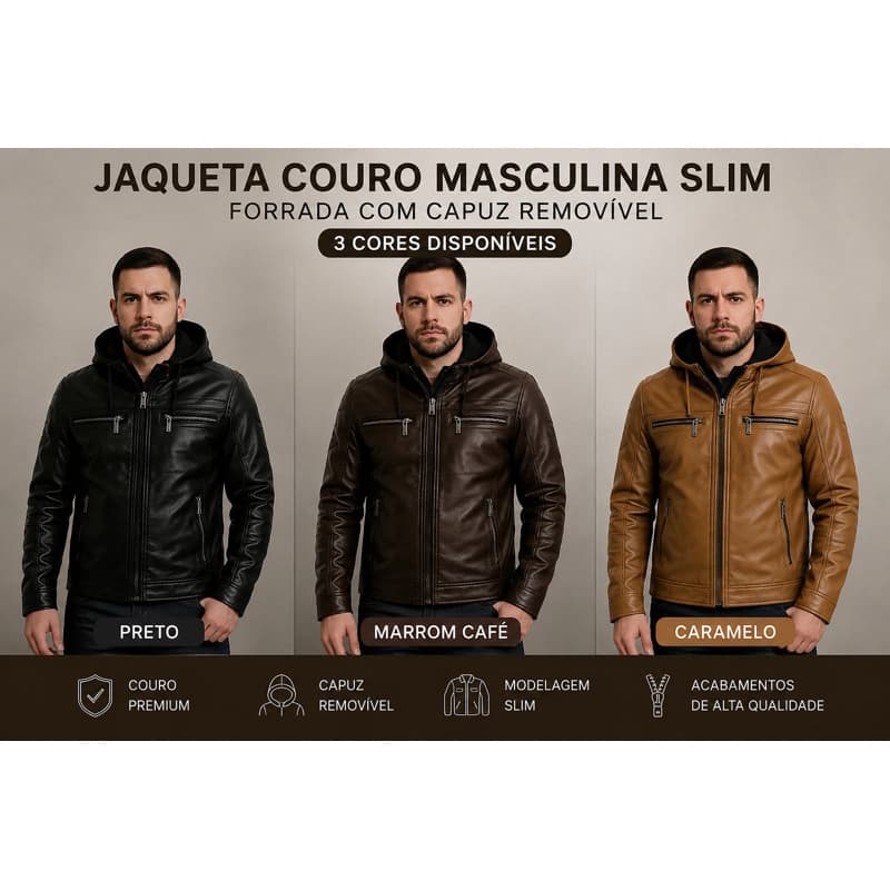 Jaqueta Couro Masculina Slim Forrada Com Capuz Removivel