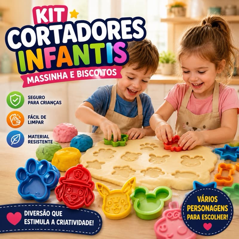 Kit Cortadores de Biscoito Temas Patrulha Canina, Mickey, Peppa Pig, Pokémon, Demon Hunters