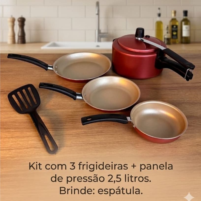 Kit com 3 Frigideiras + Panela de Pressão 2,5 Litros + Espátula - Preto ou Cereja