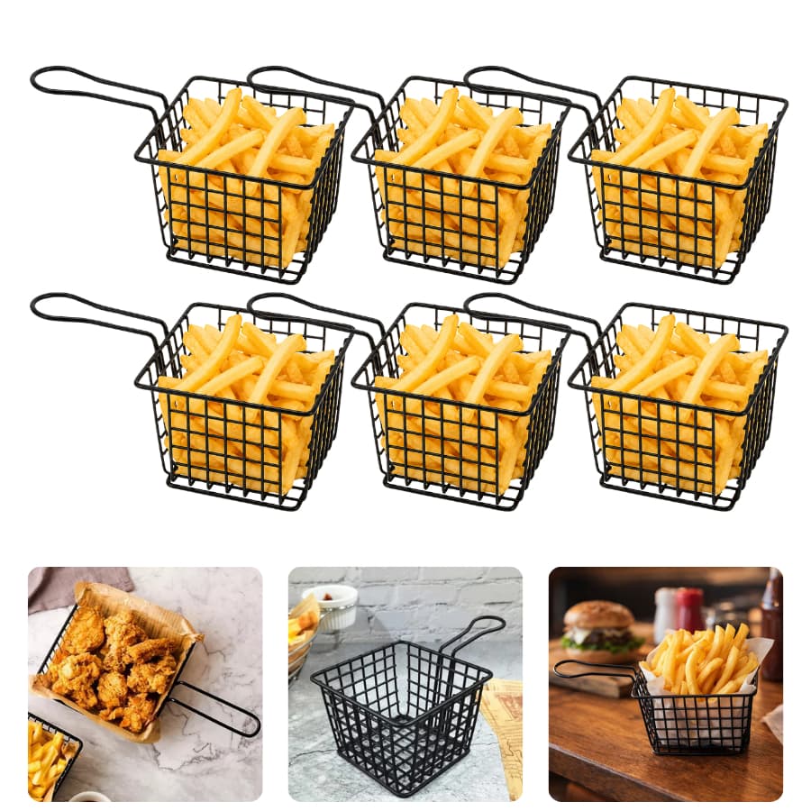 Kit Mini Cestinha Fritura Porções Individuais Lanchonete Hamburgueria Batata Frita Preto Ferro