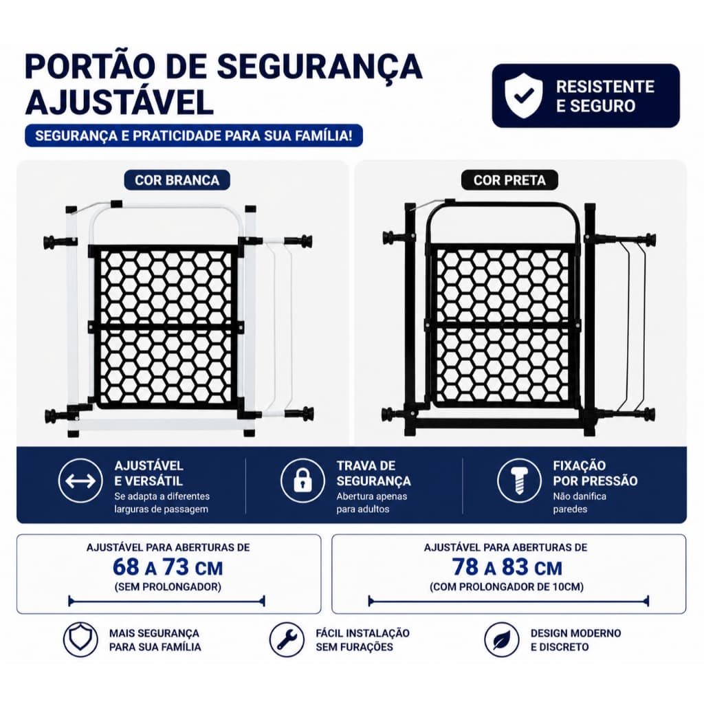 Portão de Segurança 68cm a 83 cm Ajustável Varias Cores Bebês Pets Reforçado, Instalação por Pressão