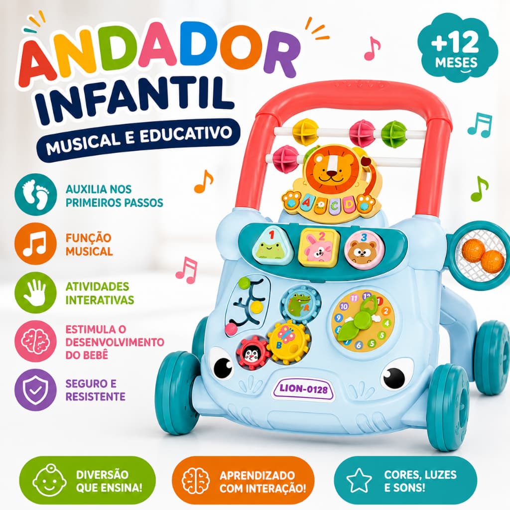 Andador Infantil Baby Musical Educativo Interativo Com Atividades Sons Luzes +12 Meses