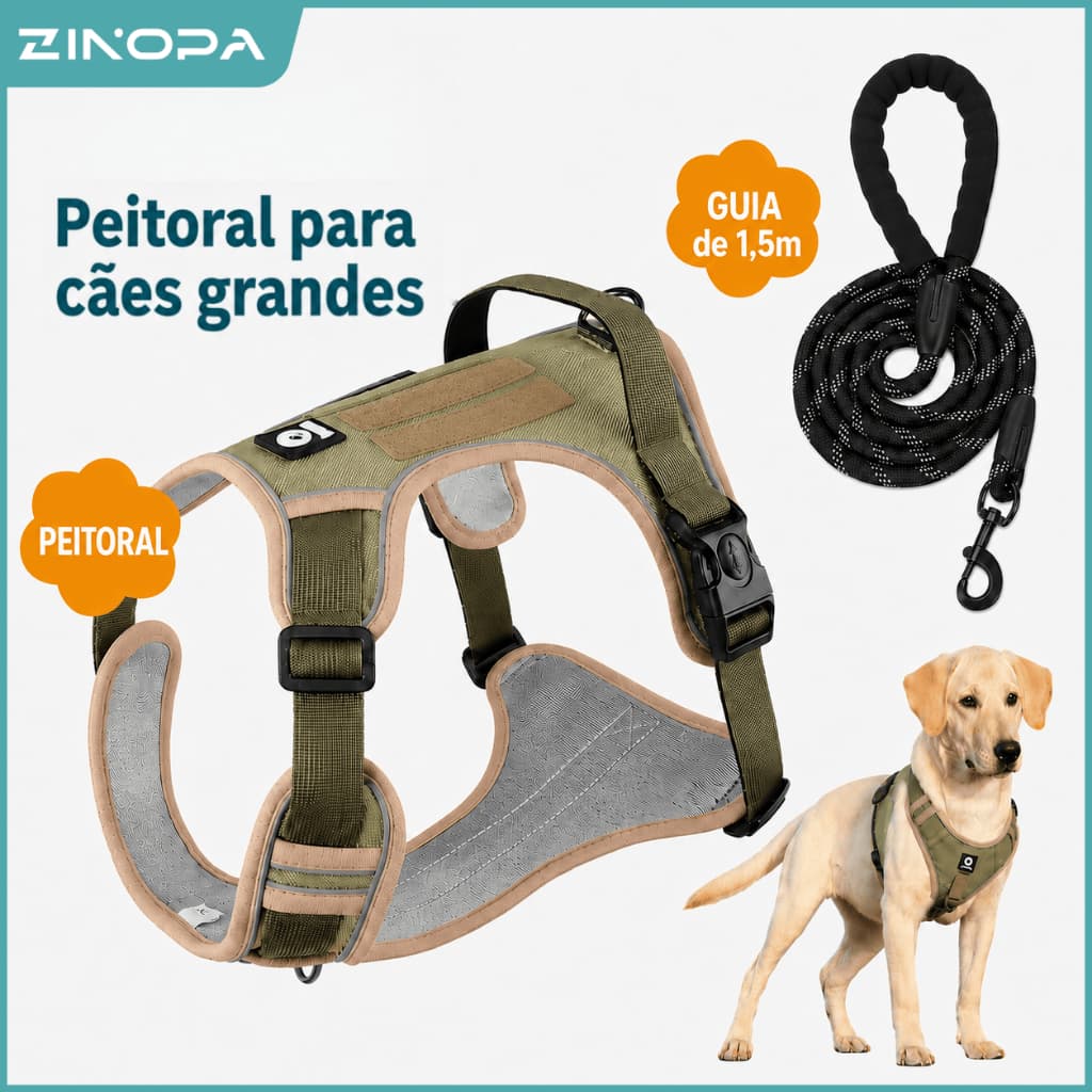 Peitoral+Guia para Cachorros de Médio a Grande Porte Kit Para Passeio Refletivo e Ajustável