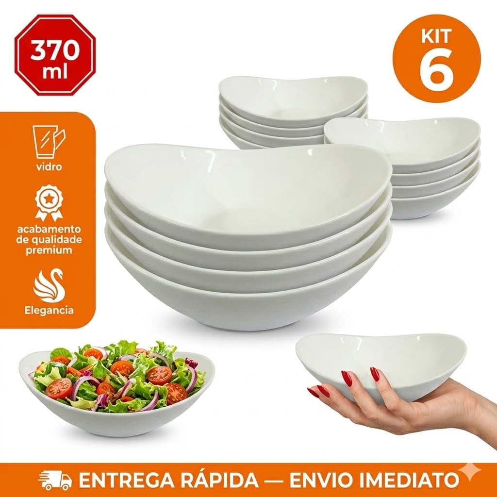 Kit Jogo de 06 Tigela de Vidro Bowl Oval Opaline 370ml Sobremesa Brancas Ref 7060