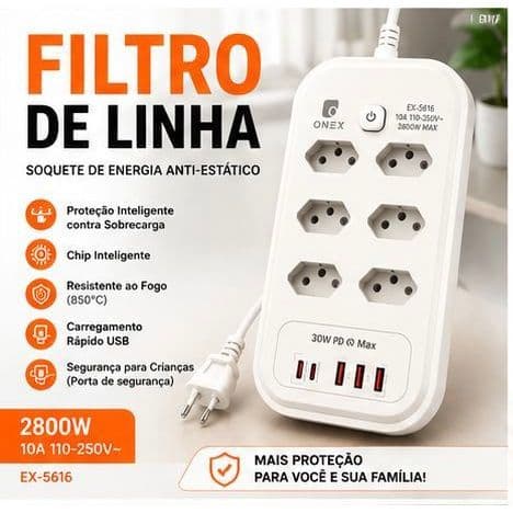 Filtro de Linha 8 Tomadas + 3 USB PD/QC 30W | Cabo 2M | Proteção Inteligente Anti-Surto EX-5616