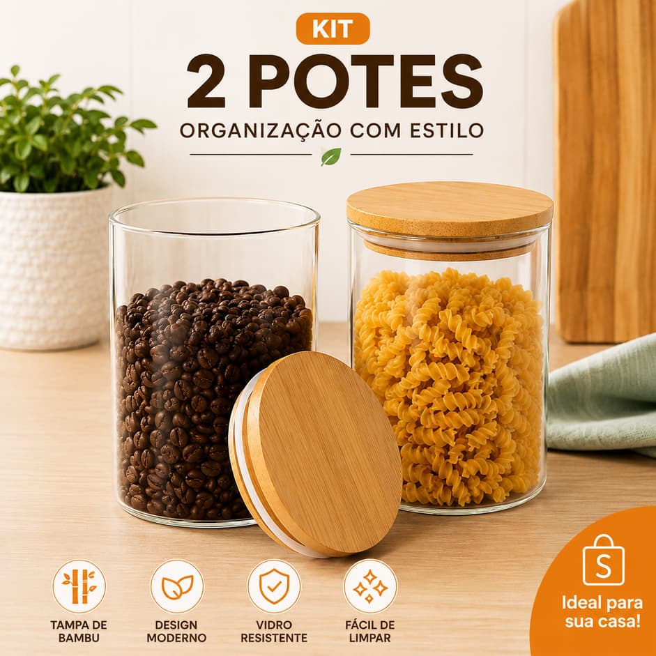 Kit 2 Potes Herméticos 800ml Vidro com Tampa de Bambu Mantimentos Cozinha