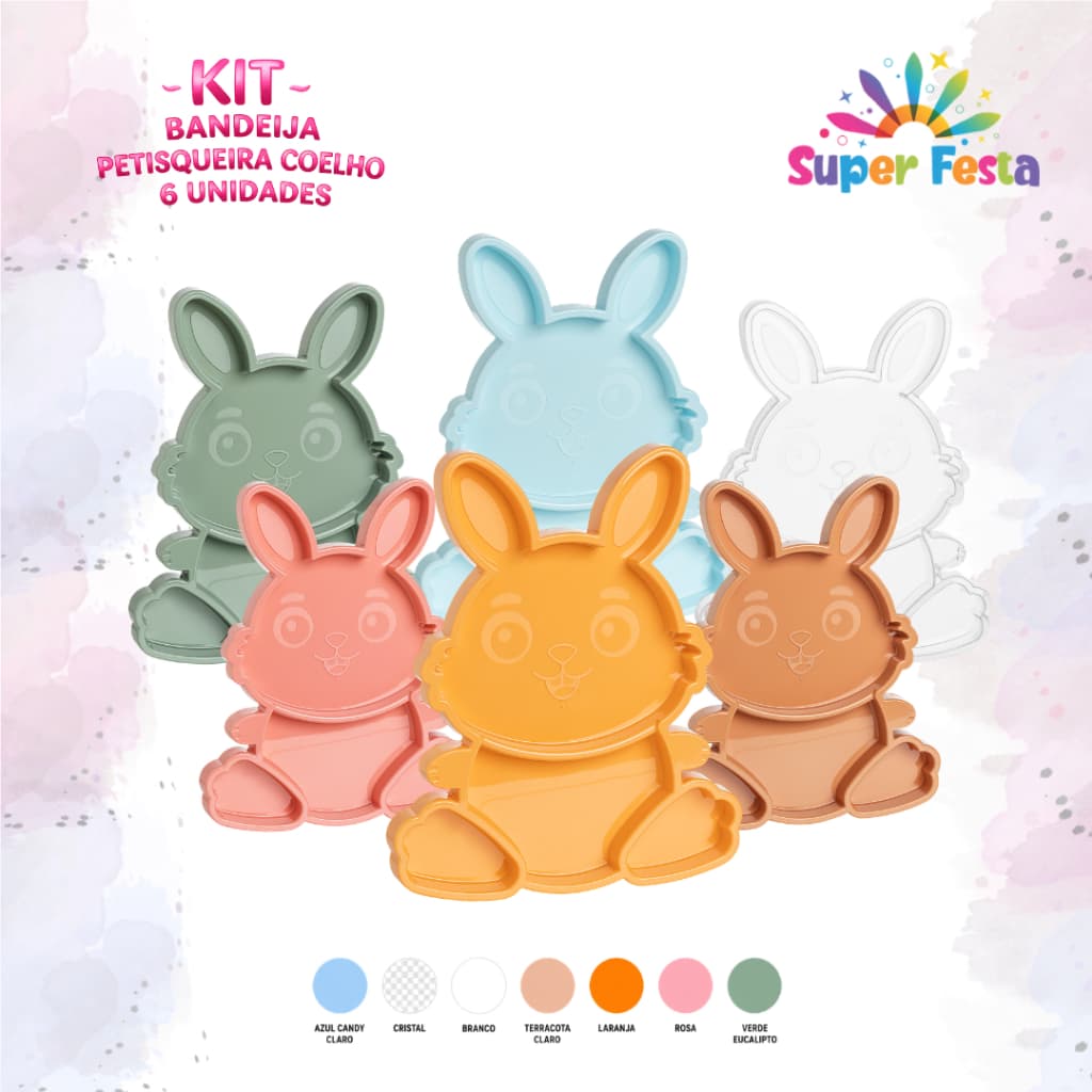 Kit 6 Bandejas Petisqueira Coelho Festplastik Diversas Cores