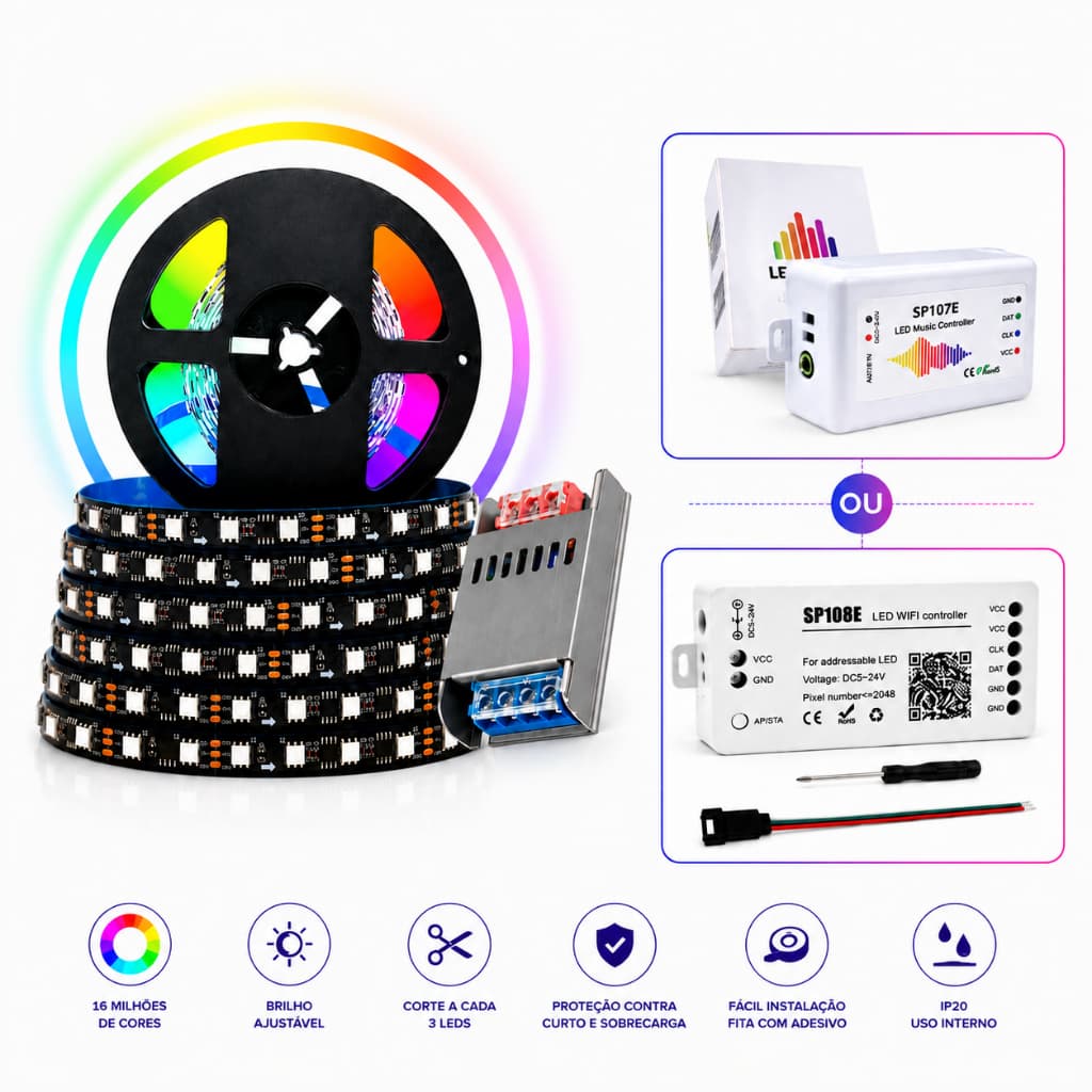 Kit Fita Led WS2811 Rgb Digital Endereçável Rolo 5m + Fonte + Central Controladora SP107E ou SP108E
