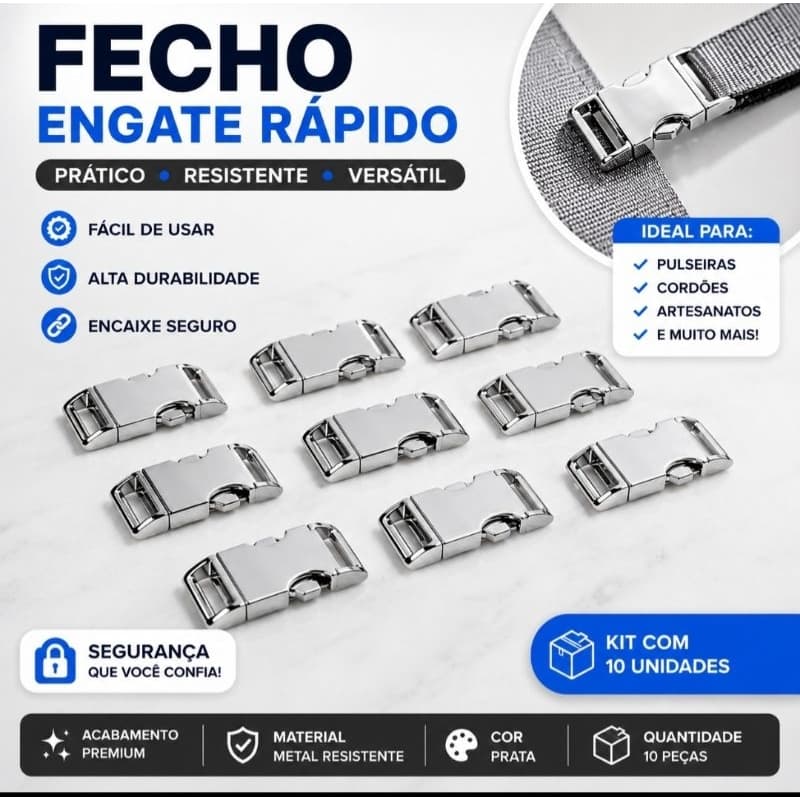 10 fechos de metal engate rápido para bolsas Níquel.