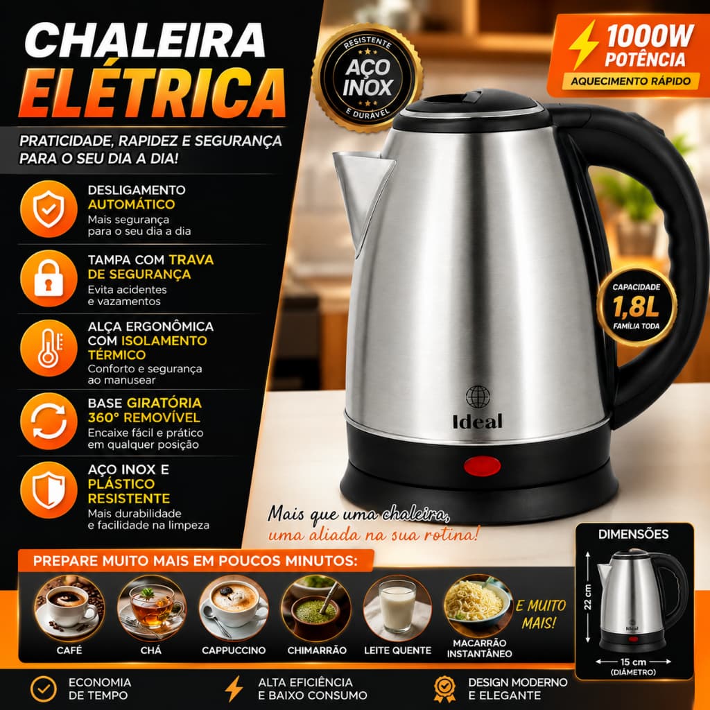 Chaleira Elétrica Inox Capacidade Grande 1,8 Litros Potente 127 220 Volts Aquecimento Rápido
