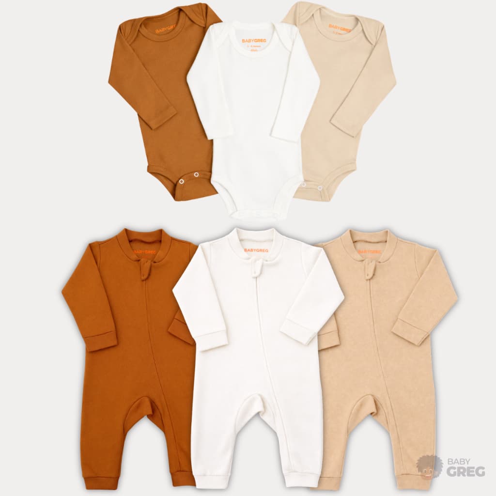 Kit 6 Peças Minimalista Para Bebê Body Manga Longa e Macacão Liso Qualidade e Conforto - Baby Greg
