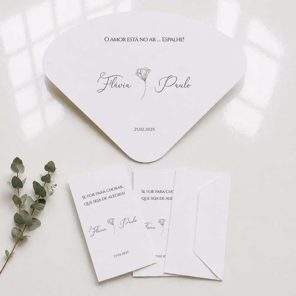 Kit Lenços Lágrimas de Alegria e Ventarolas Leques Personalizados para Casamento 2026 (9 dias úteis)