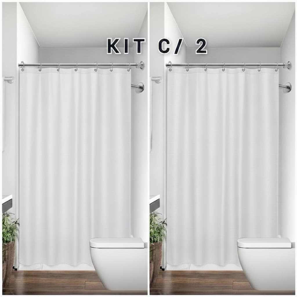 KIT 2 Cortina para Box de Banheiro Luxo Tecido Poliéster Lavável com Ganchos 1,38m x 1,98m Branca