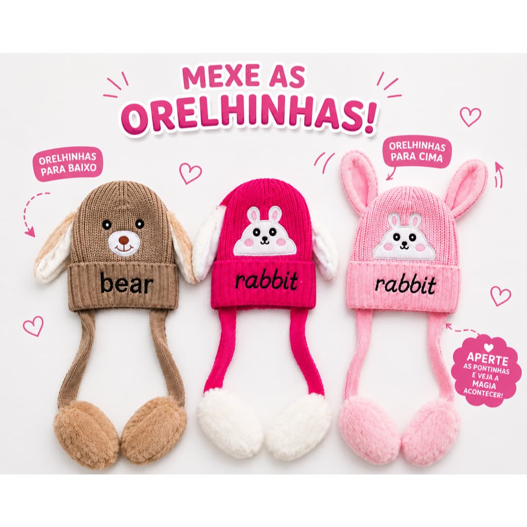 Touca Infantil Que Mexe As Orelhinhas Coelho Ursinho Pelúcia Inverno Quentinha