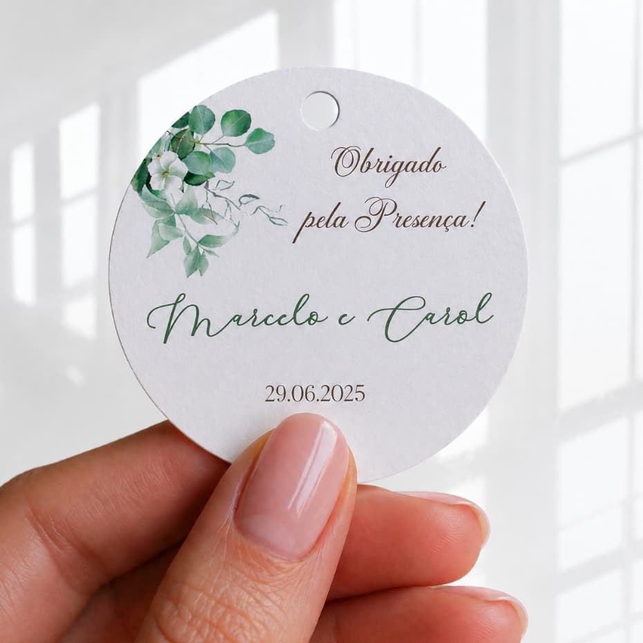 Tag Redondo 5 cm para Lembrancinhas de Casamento Papelaria Personalizada Eucalipto Aquarela Verde