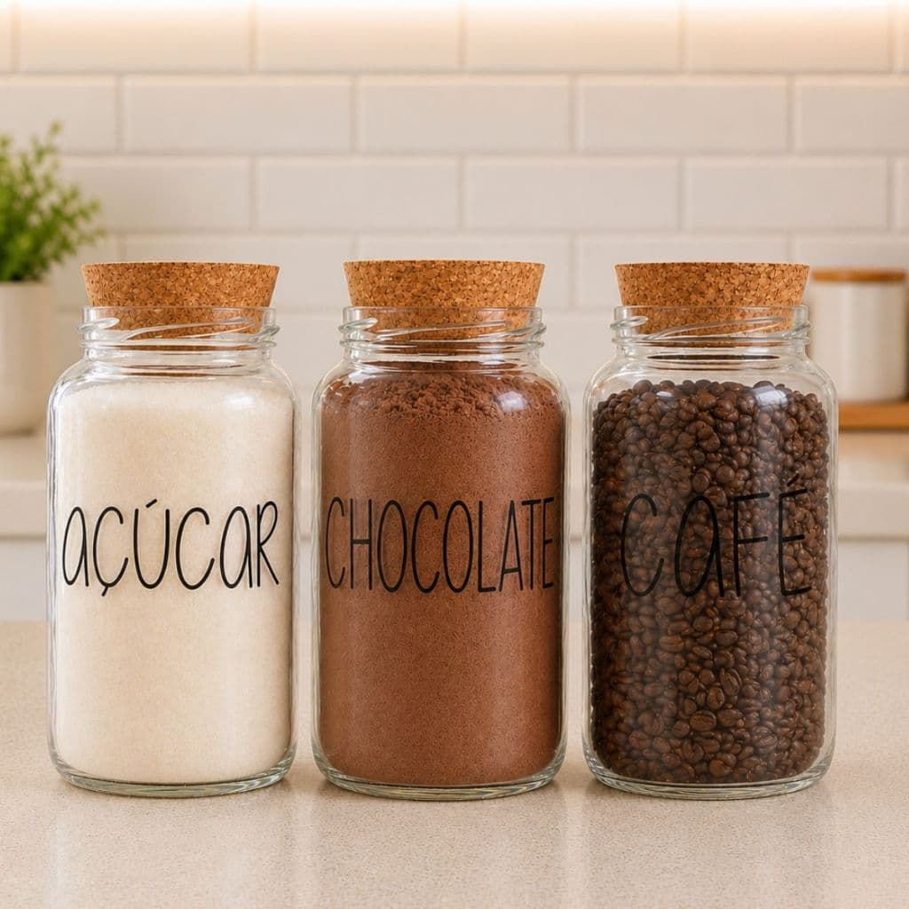 Potes de Vidro Café + Açúcar + Chocolate 810 ml Com Tampa Rolha Cortiça| Mantimento | Cantinho do Café