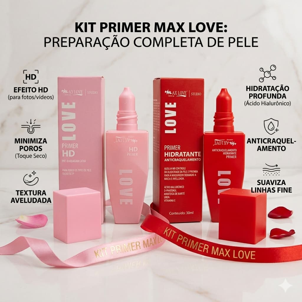 Kit 2 Primers Max Love HD Toque Seco + Hidratante Anticraquelamento Pré Maquiagem Profissional 30ml