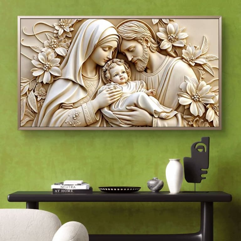 Quadro Decorativo Sagrada Família Bege MDF 110x70 Vinil Premium Religioso Católico Luxo Fé