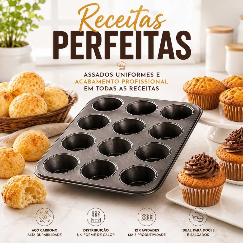 Forma Cupcake Pão de Queijo 12 Cavidades Aço Carbono Antiaderente Resistente