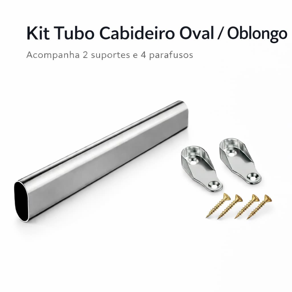Tubo Cabideiro Oblongo Oval Com kit Instalação Suporte Para Guarda Roupa E Parafusos