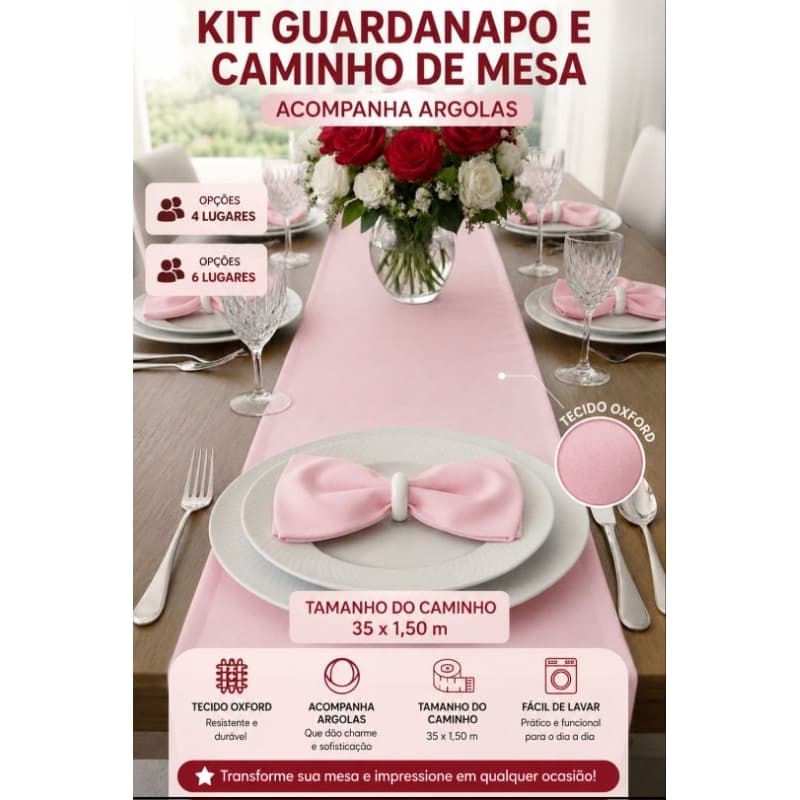 Kit Mesa Posta Luxo – Caminho de Mesa + Guardanapos com Porta Guardanapo Argolas