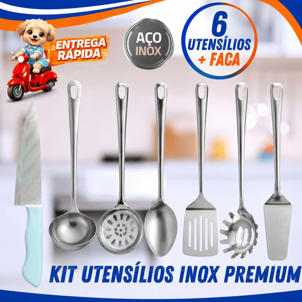 Kit Cozinha Completo de Inox 7 Peças e Colher Arroz Concha Espátula Escumadeira Pegador Faca Premium