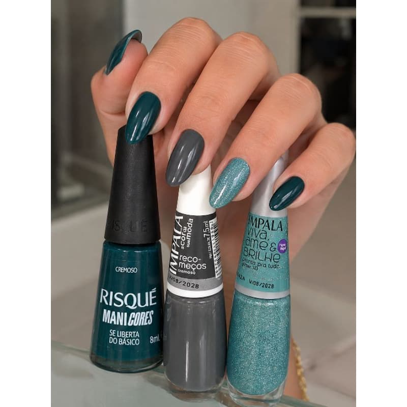 Kit 3 Esmaltes Outono/Inverno Impala e Risqué – Glitter 3D + Cinza Cremoso + Verde Petróleo