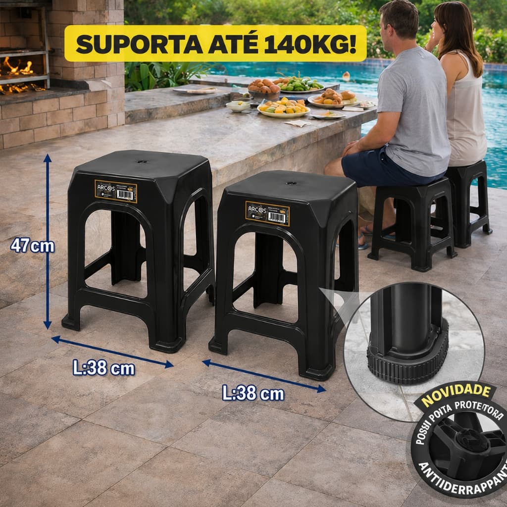 Kit 4 Banquetas Banquinho Plástica ARCOS Preta Lisa Reforçada Resistente Até 140kg Cozinha Balcão Imediato