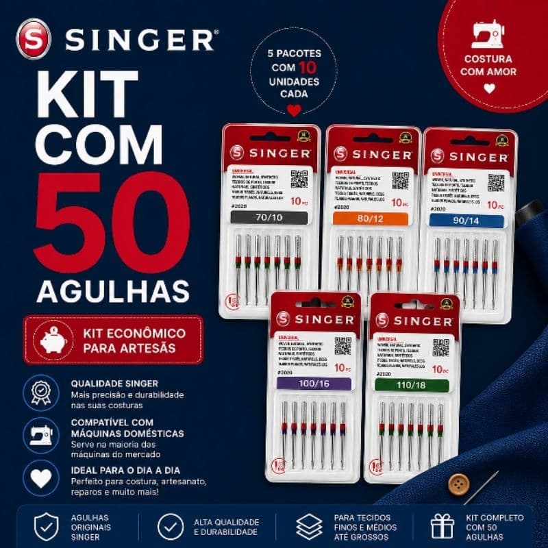 Combo 50 Agulhas Singer #2020 Originais Máquina de Costura Doméstica Kit Econômico Vários Tamanhos