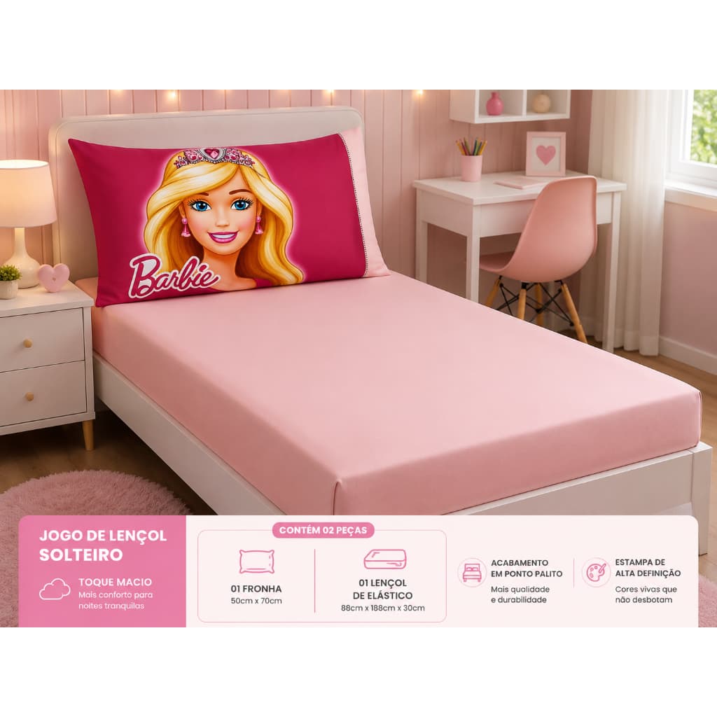 Jogo de Lençol com elástico e Fronha Ponto Palito 2 peças Solteiro Barbie Toque Macio