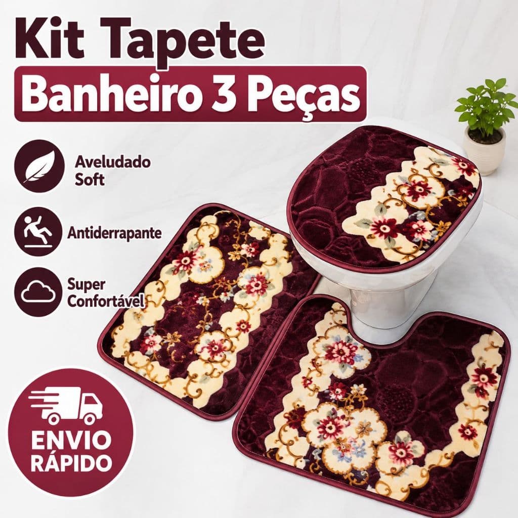 Kit Jogo de Tapete Banheiro 3 Peças Floral Soft Aveludado Antiderrapante