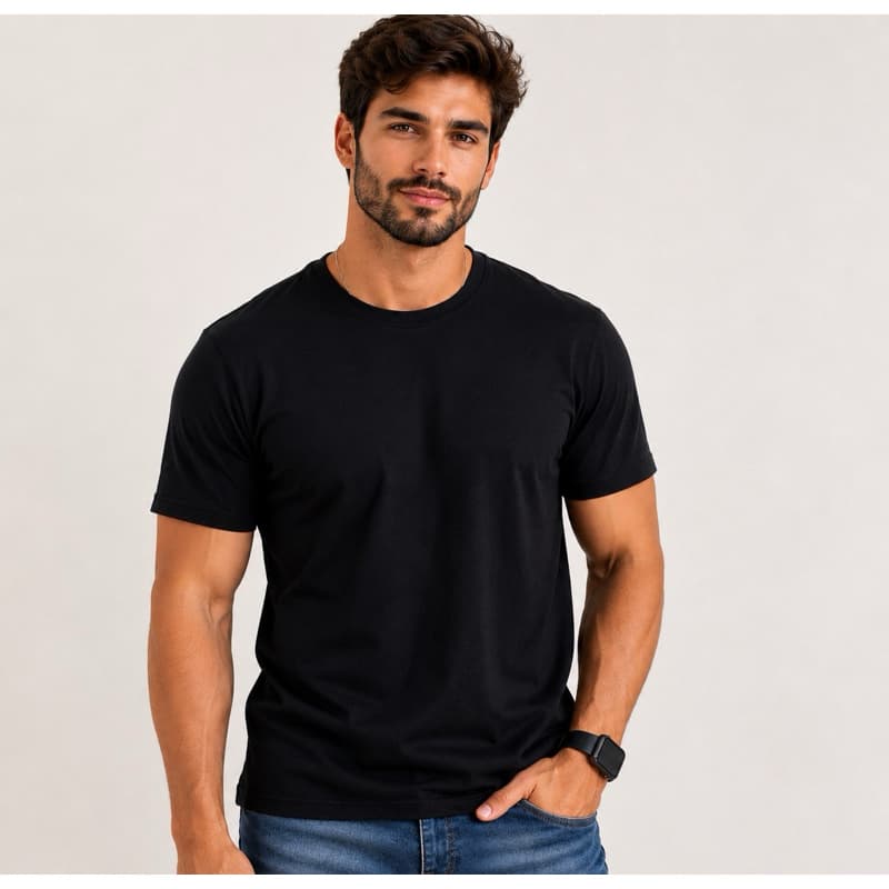 Camiseta Masculina Básica 100% Algodão em Meia Malha Premium Reforço Ombro a Ombro Preta Lisa
