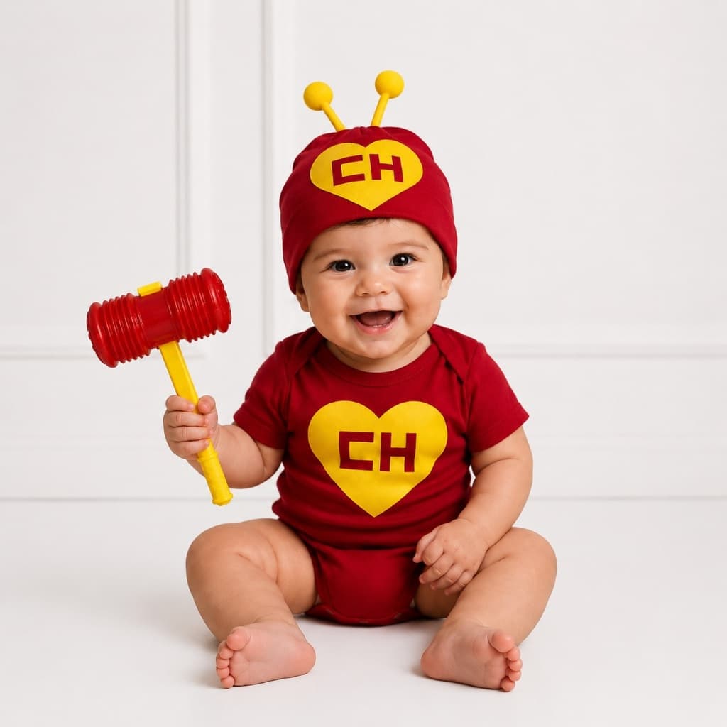 Kit Body Bebê Temático Chapolin  Com Martelo + Touca Bori Infantil  Mesversário