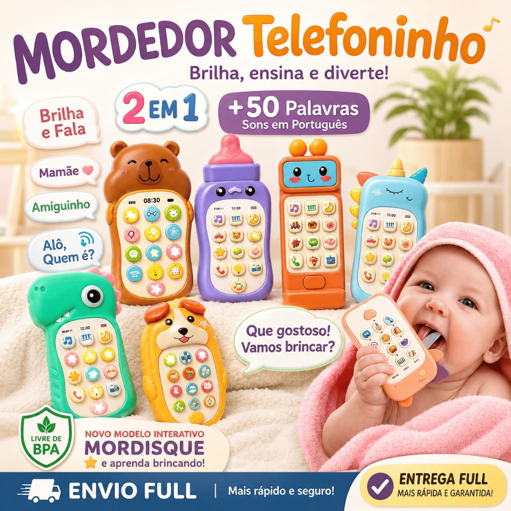 Mordedor e Telefone Celular Infantil Educativo Musical 2 em 1 brinquedo para bebê Livre de BPA